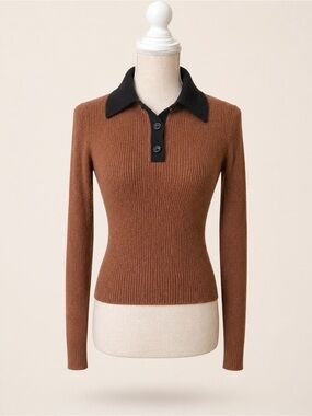 rag & bone Cashmere Sweater Brown Black Collared Preppy Quiet Luxury Fitted  S